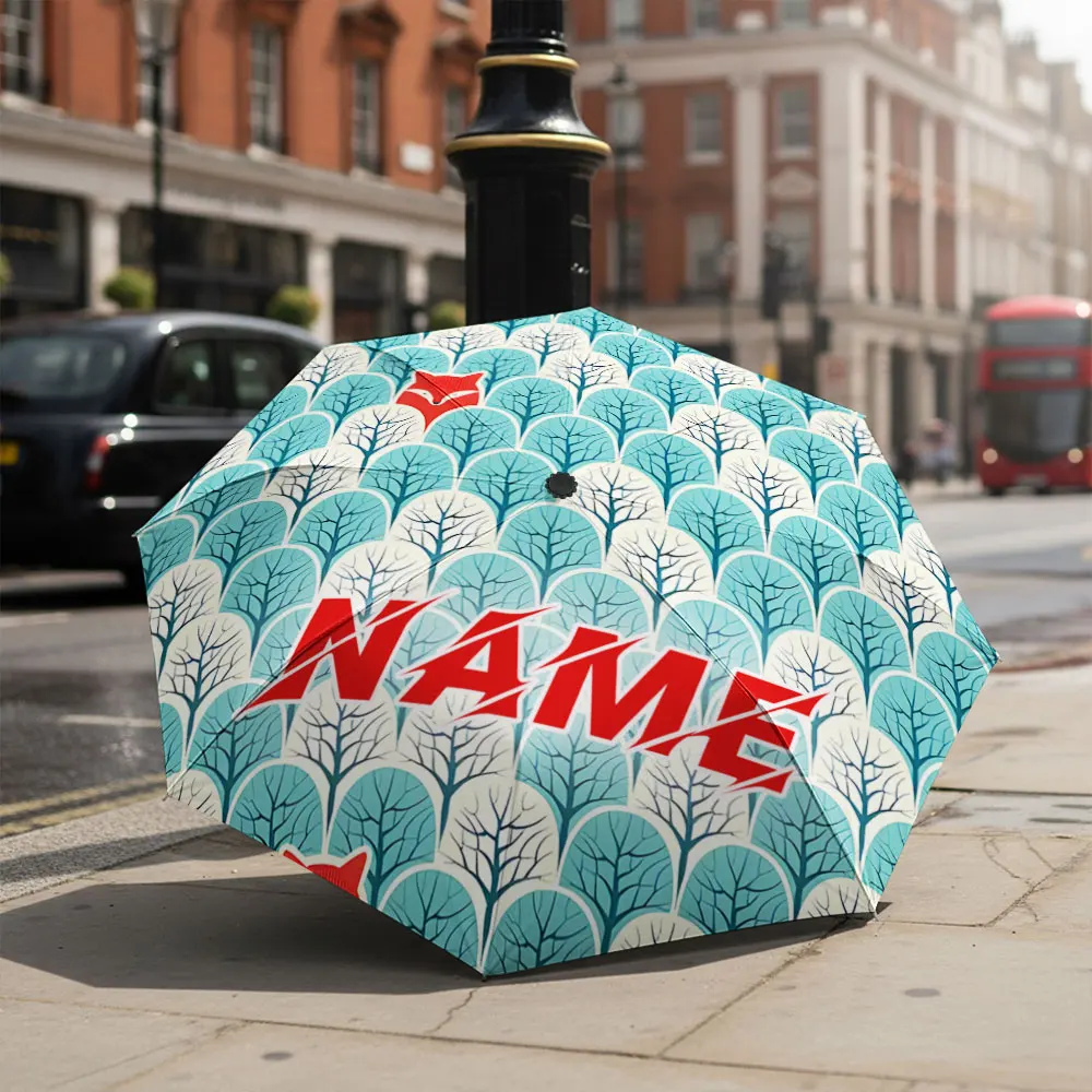 Custom Name umbrella, Forest Pattern Umbrella with Red Fox Design Fashion Folding Umbrella for Sunny and Rainy Days, Gift