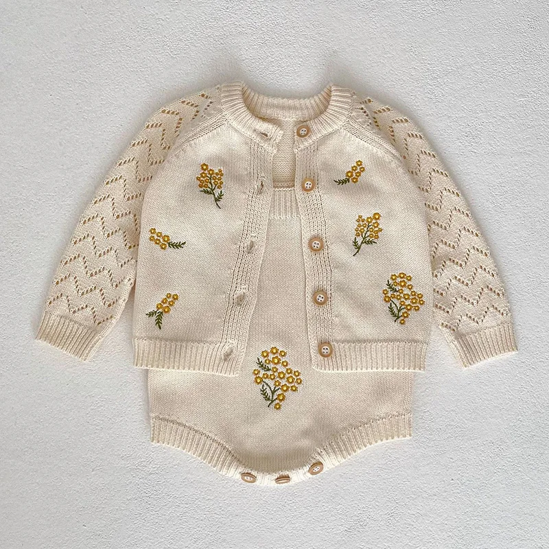 

2024 New Spring Infant Baby Girl Knitting Clothes Set Long Sleeved Cardigan Coat+Jumpsuit Children Knitted Clothing Suit