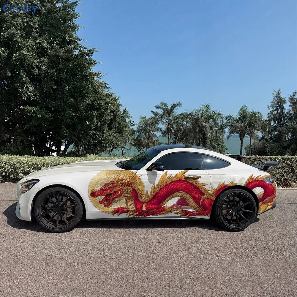 

2pcs Crimson Dragon Crystal Car Side Wraps, Self-Adhesive PVC Waterproof & Scratch-Resistant Stickers, Car Accessory Gift