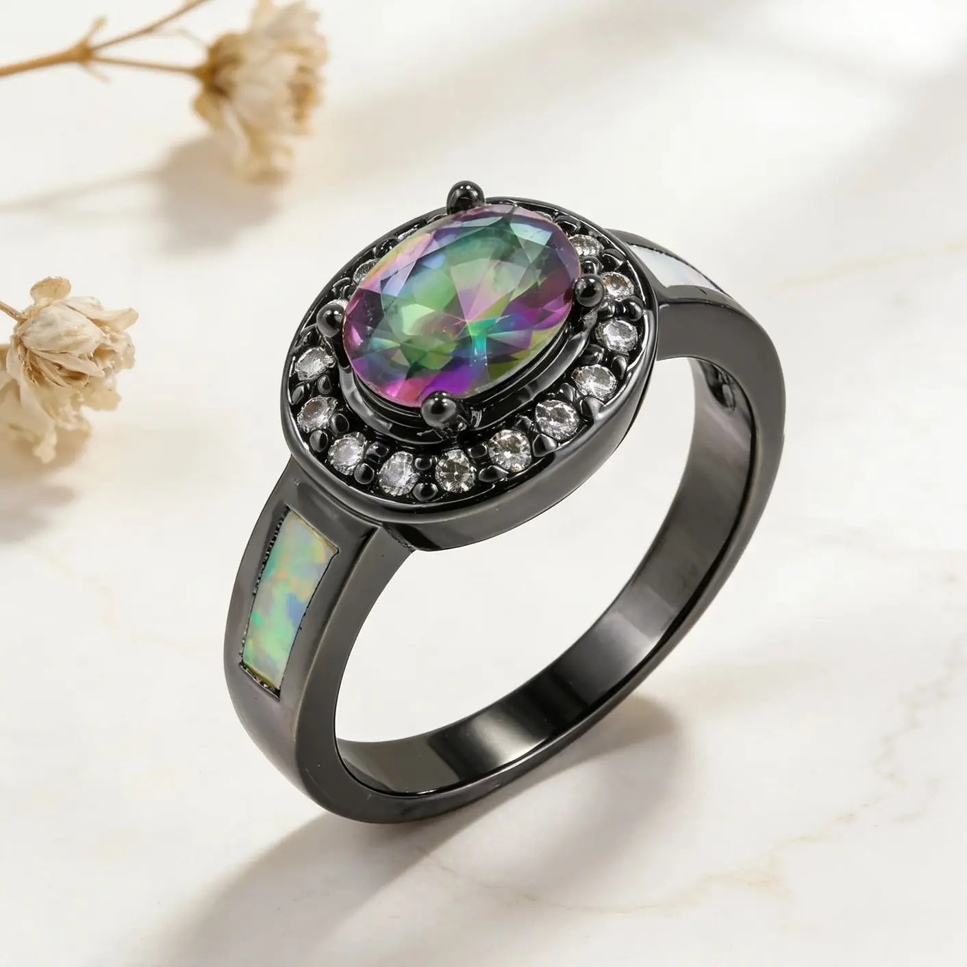 Unique Rainbow Opal Zircon Ring Black Tone Maximalist Gift for Her Him,Christmas Birthday Present with Halo Design Colorful Opal