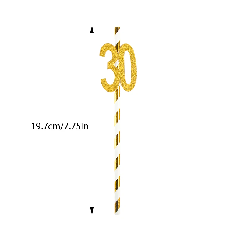 10/20pcs 30th 40th 50th 60th Adult Birthday Straws Gold Striped Paper Straws with Glitter Number for Birthday Party Supplies