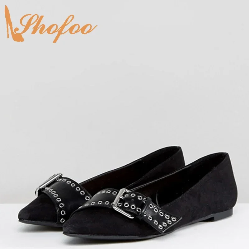 

Black Woman Pointed Toe Ballet Flats Slip On Buckle Detaling Shoes Large Size 11 15 Ladies Summer Office Fashion Mature ShofooBl