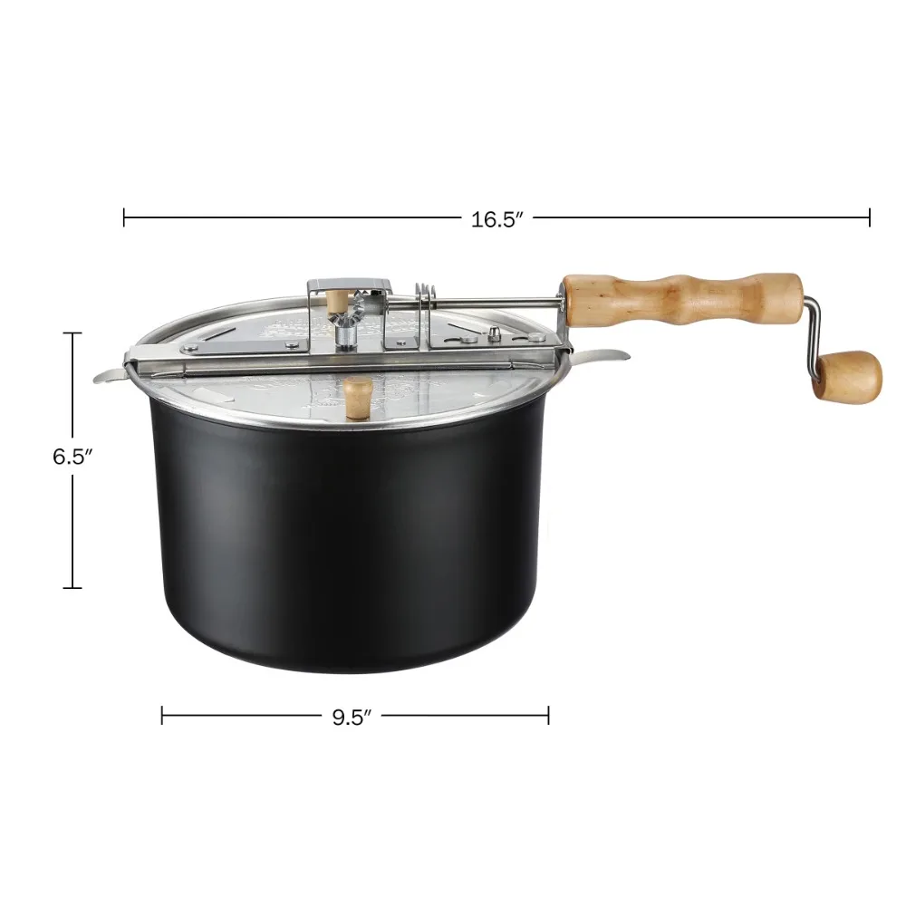 Stovetop Popcorn Maker – 6.5-Quart Popper Pan with Wooden Crank Handle and Internal Kernel Stirrer (Black)