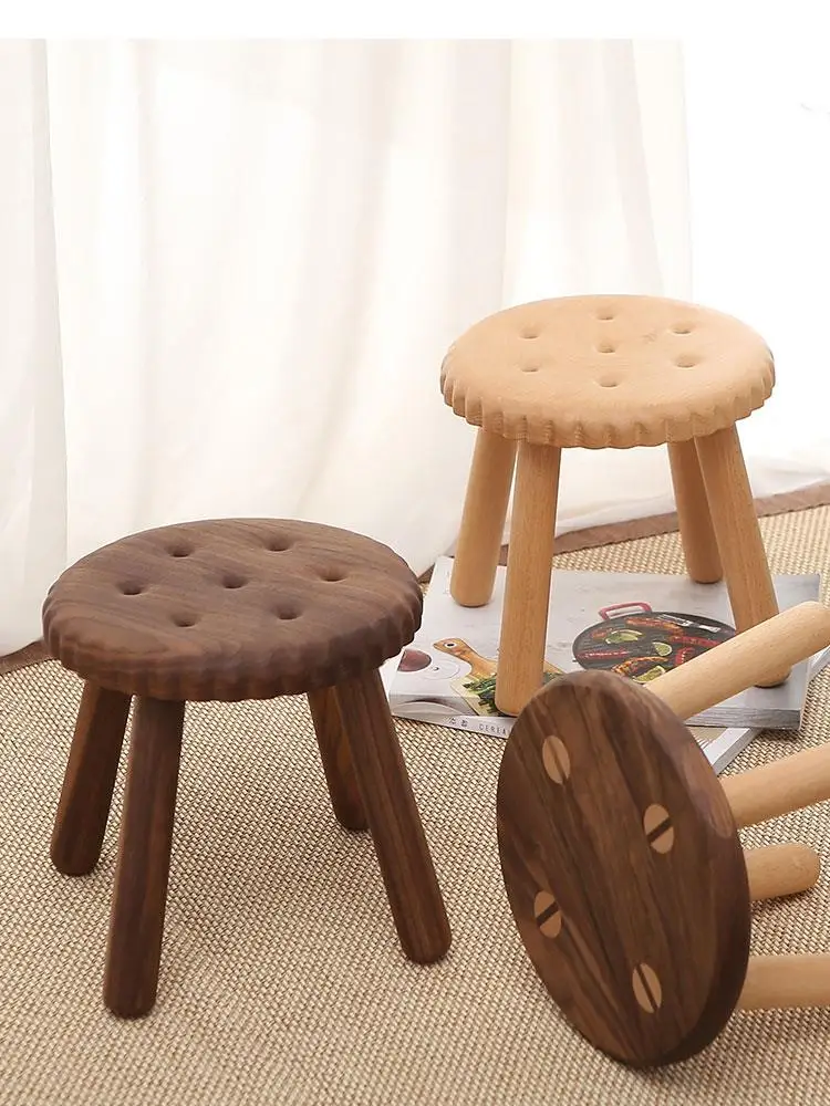 Natural Solid Wood Round Biscuits Lace Low Stool Black Walnut Beech Children's Shoe Home Decor Modern