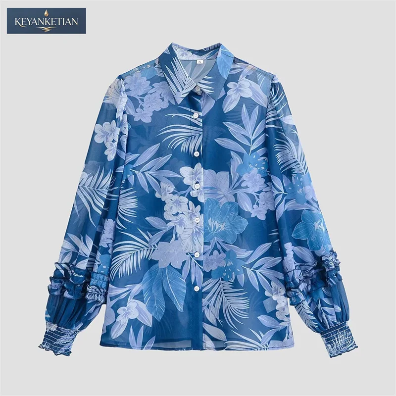 KEYANKETIAN 2026 Bohemian Tropical Relaxed-Fit Blouse Collared Neck Floral & Leaf Print, Long Sleeves  Ruffled Cuffs Shirt Top