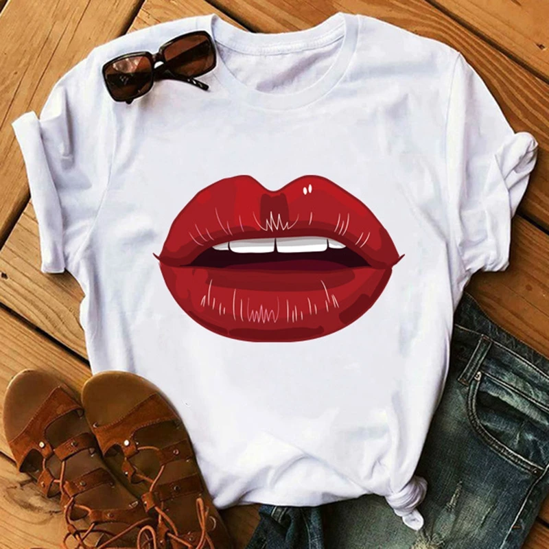 Women Tops Fashion O-neck Sexy Black Tees Kiss Lip and Shoe Graphic Print Streetwear Funny Summer Female Short Sleeve Shirt