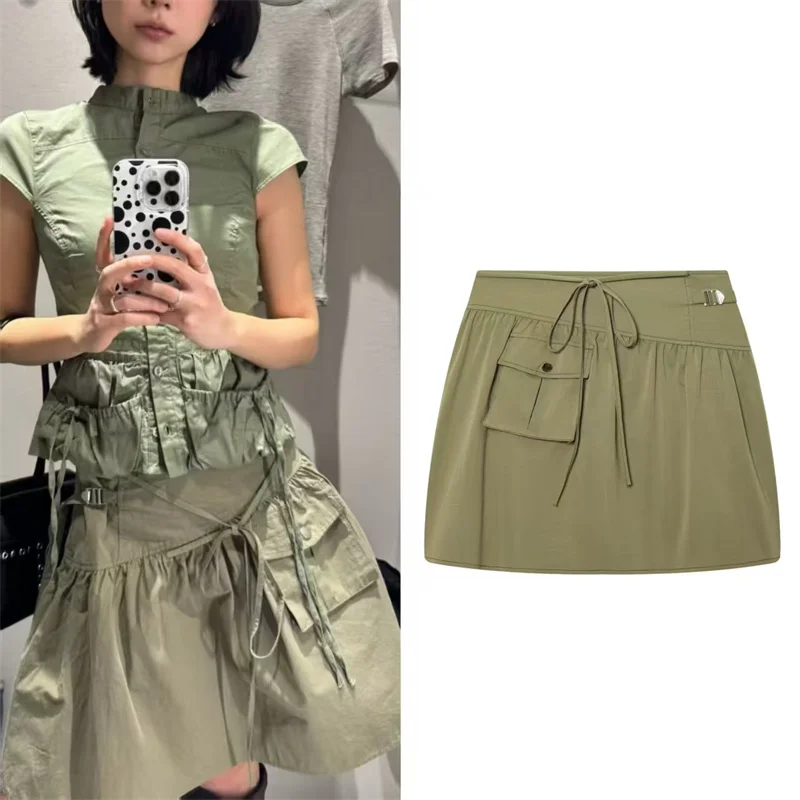 

Женская юбка 2026: Новинка Весны, Укороченная, Цвета Хаки, Пушистая, с Декоративными Карманами на Завязках, Повседневная, Модная, Уникальная