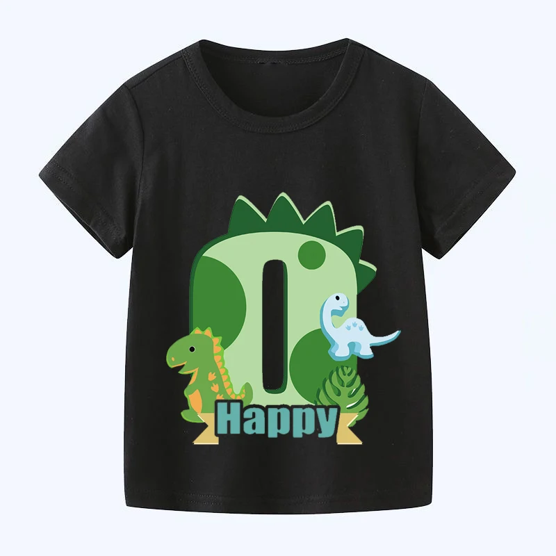 New Dinosaur Print Girls Clothes 1 2 3 4 5 6 7 8 9 Years Happy Birthday Number Bow Kids Short Sleeve T Shirt Baby T-Shirts