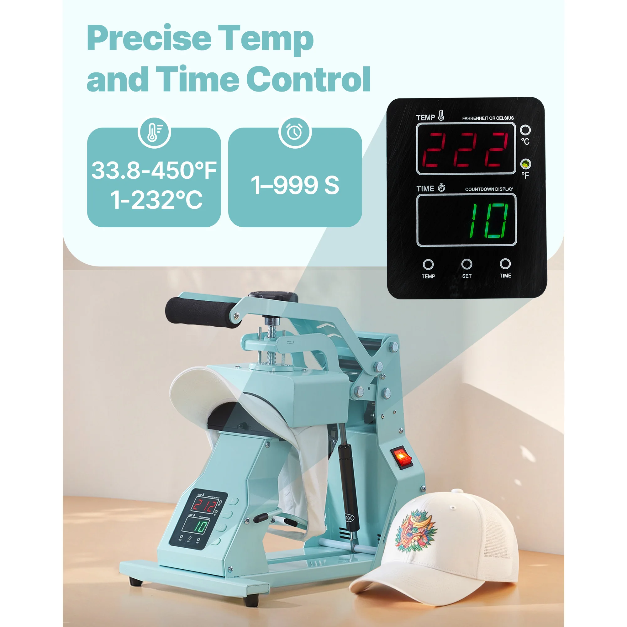 SucceBuy Hut-Heißpressmaschine mit 2/4 Stück austauschbaren Platten, präzise Temperatur- und Zeitsteuerung, Hut-Heißpresse