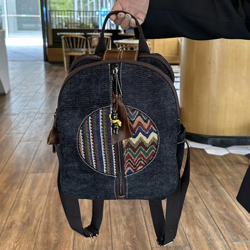 Chikage Vintage Denim Features Ethnic Style Leisure Backpack Embroidered Jacquard Multi-layer Backpack Large Capacity Travel Bag