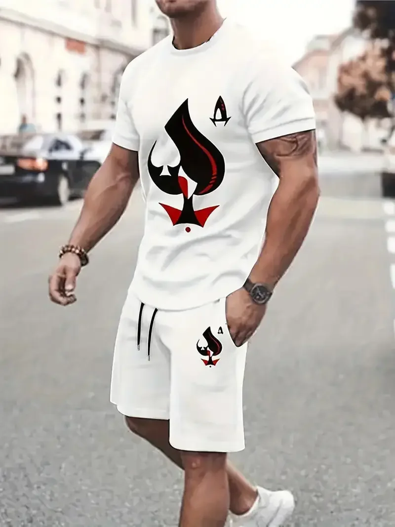 Summer Casual T Shirt+Shorts Suit Street Short Sleeve Sportwear Creative Playing Card Pattern Men Clothing 2-piece Sets 3D Print