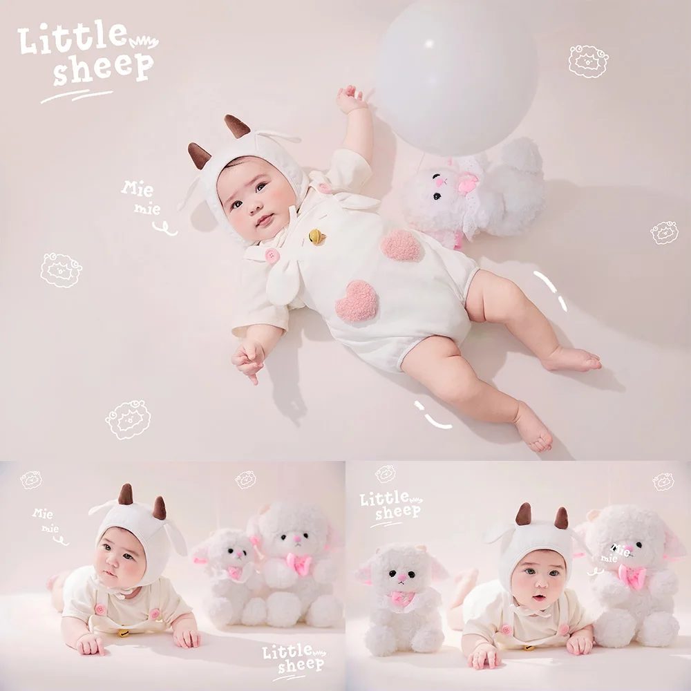 Cute Sheep Themed 100 Days Baby Photography Props Baby Little Sheep Costume Set Plush Lamb Doll for Infant Milestone Shoot Props