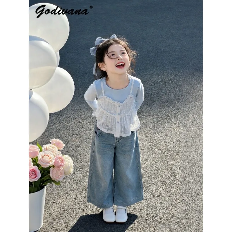 

Cute Little Girls Spring Sets 2026 Fashion Sweet Lace-trimmed Faux Layered Long Sleeve Top Baby Denim Wide-leg Pants 2pcs Sets