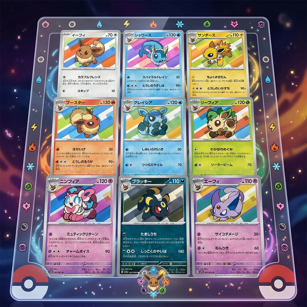 Набор из 9 коллекционных карт PTCG с аниме-персонажами: Eevee, Umbreon, Vaporeon, Jolteon. Голографические карты с эффектом грубого блеска. Подарок для любителей коллекционирования.