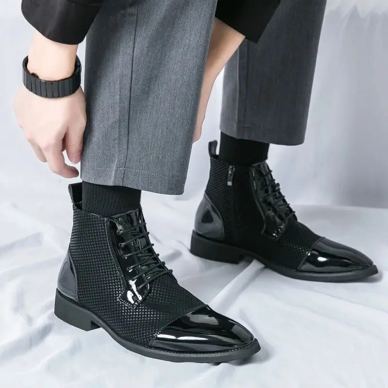 Elegant Man Dress Boots High Top Pointed Toe Shoes Men\'s Formal Shoes Comfortable Zipper Men Black Ankle Boots Botines Hombre