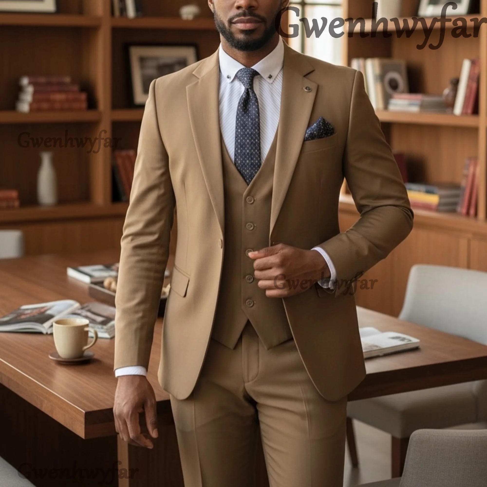 

Gwenhwyfar Yellowish-brown Men's Blazers Suit Single Breasted 3-Pcs Notch Laple Classic Formal Office Party Wedding Any Seasons