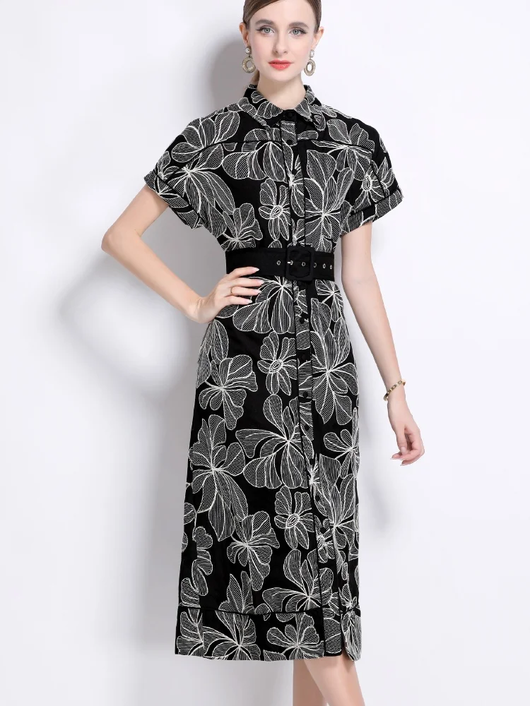 

French Vintage Elegant Palace Style Runway Dress Women's Lapel Short Sleeve Print Sngle Breasted Long Dresses With Belt