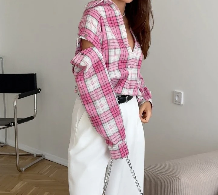 

Pink plaid shirt women's European and American new versatile loose shirt detachable long sleeve lapel over top