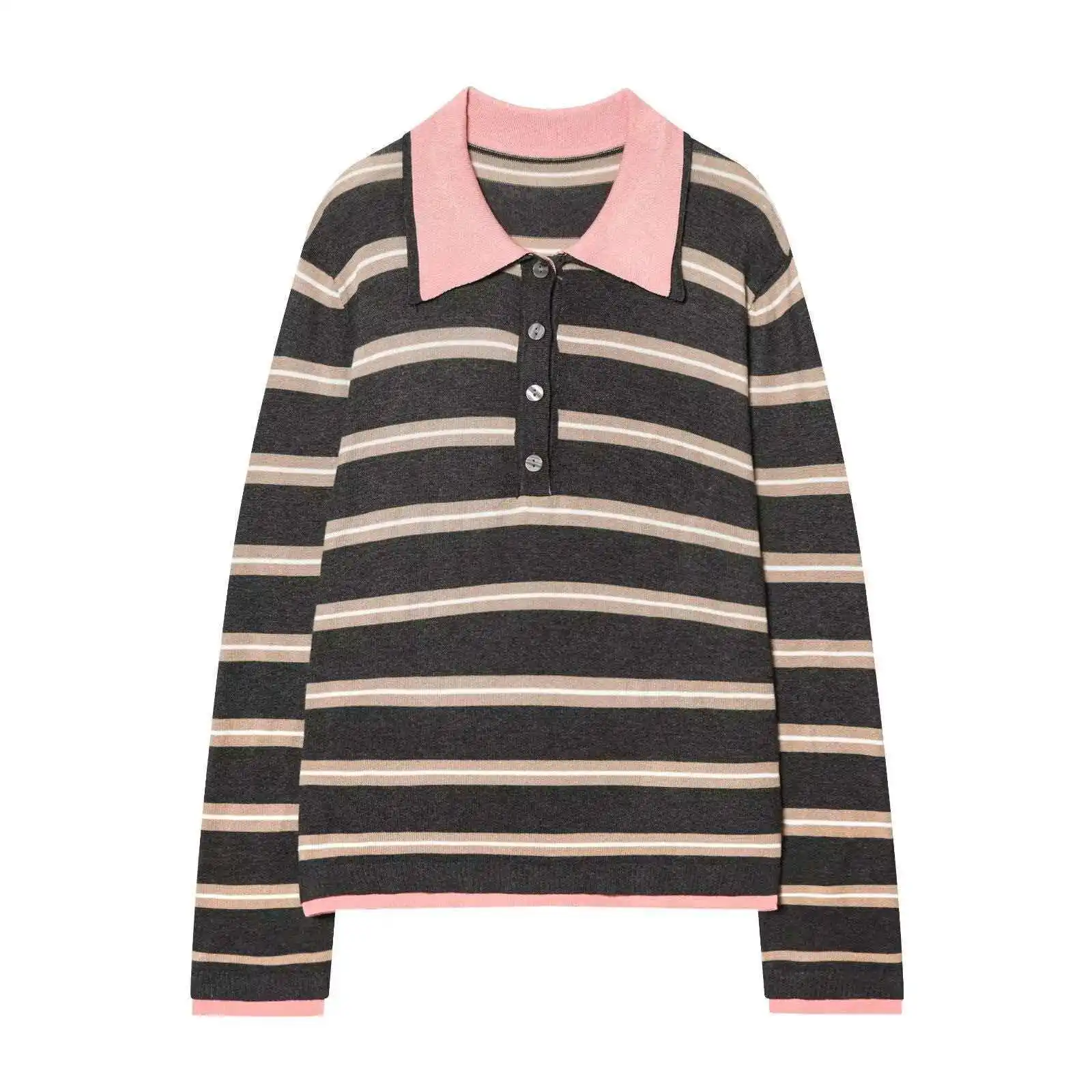 

Women Long Sleeve Lapel Collar Striped Patchwork Knit Top Loose Casual Daily Wear Sweater