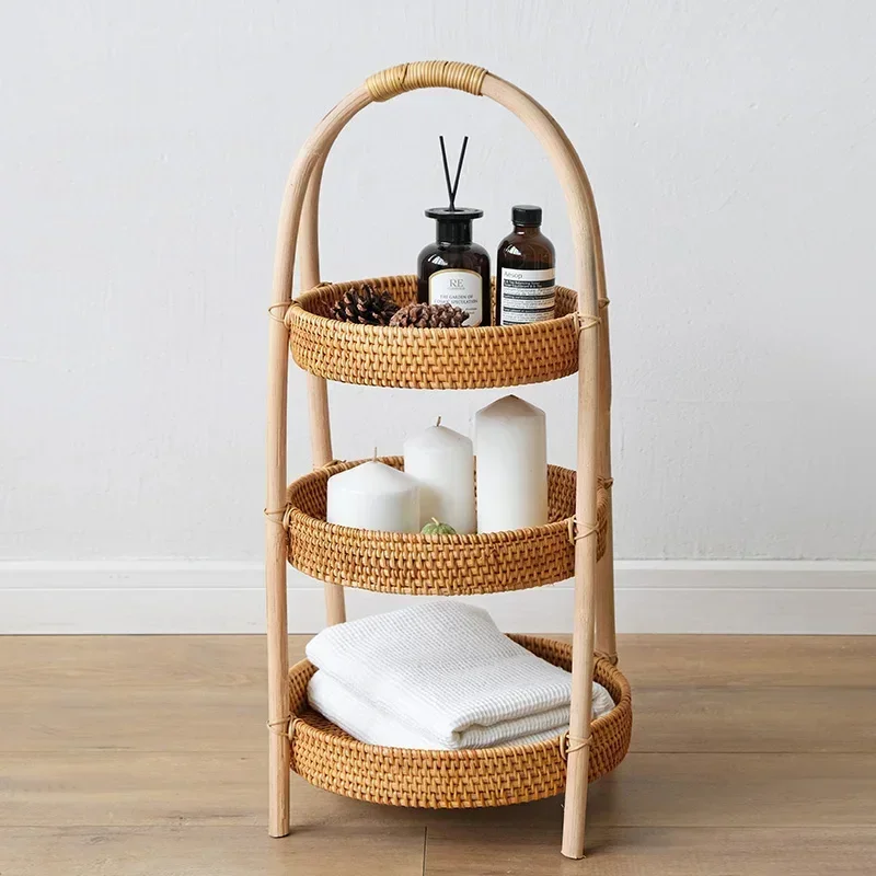 Nordic Ins Autumn Rattan Woven Shelf Sitting Room Third Floor Storage System Bathroom Portable Storage Shelf Dessert Tray