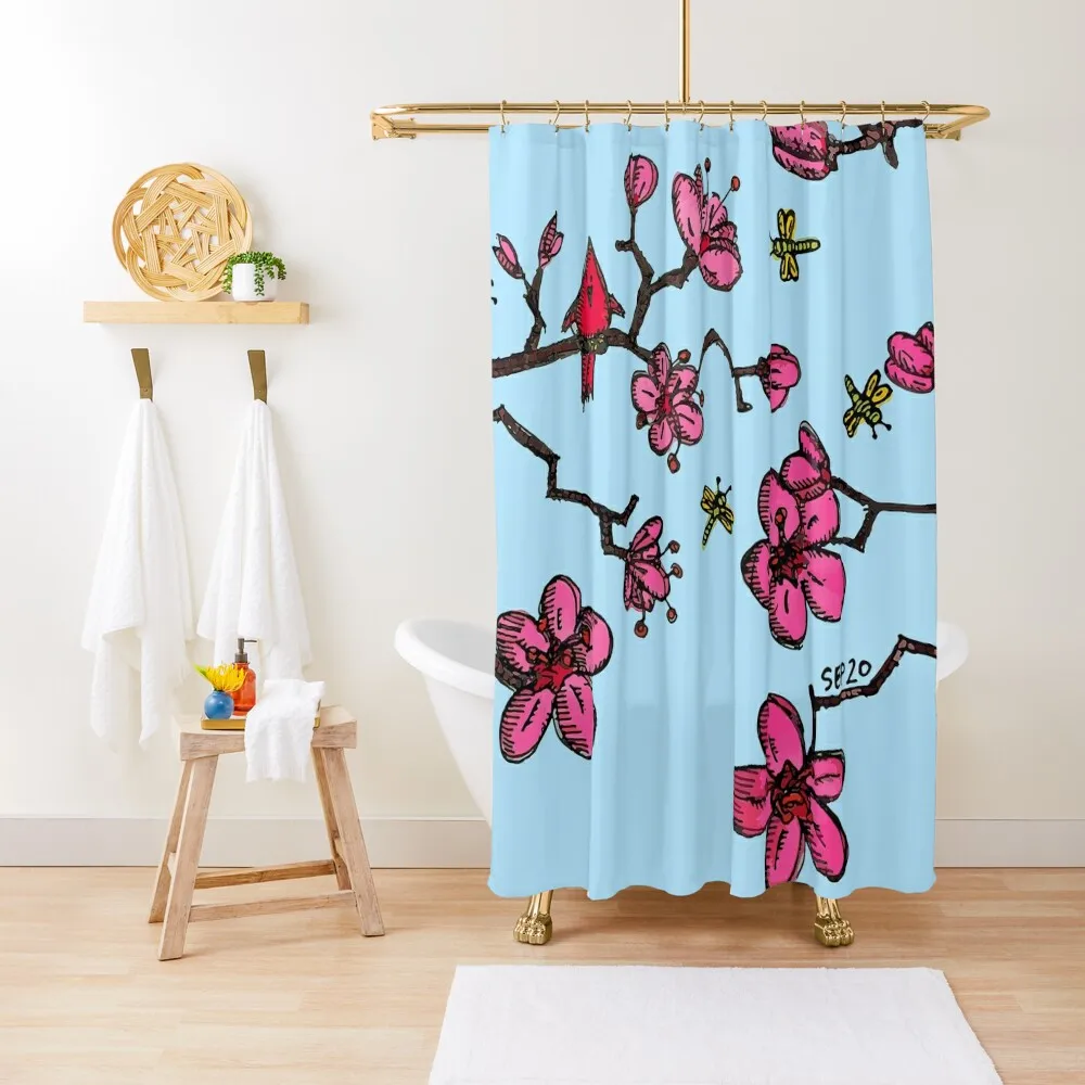 

RED BIRD IN CHERRY BLOSSOMS - BLUE SKY Shower Curtain For Bathrooms With Beautiful Designs Waterproof Bathroom Shower Curtain