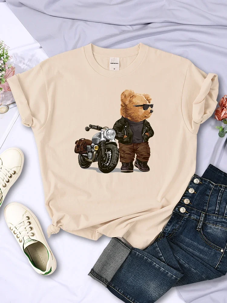 Women Short Sleeve Personality Casual T-Shirts Teddy Bear's Fully Armed Motorcycle Tops Vintage Fashion Street Womans Clothing