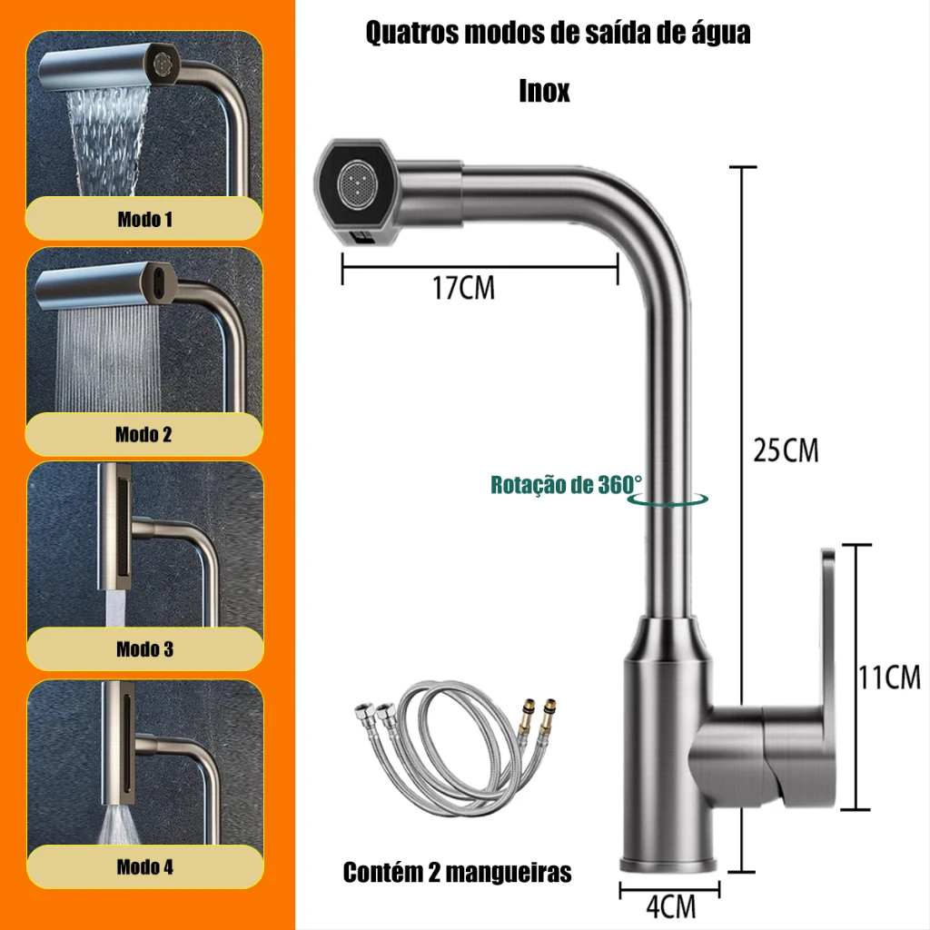 Torneira Banheiro de metal espesso quatro modos de saída de água rotação de 360 graus