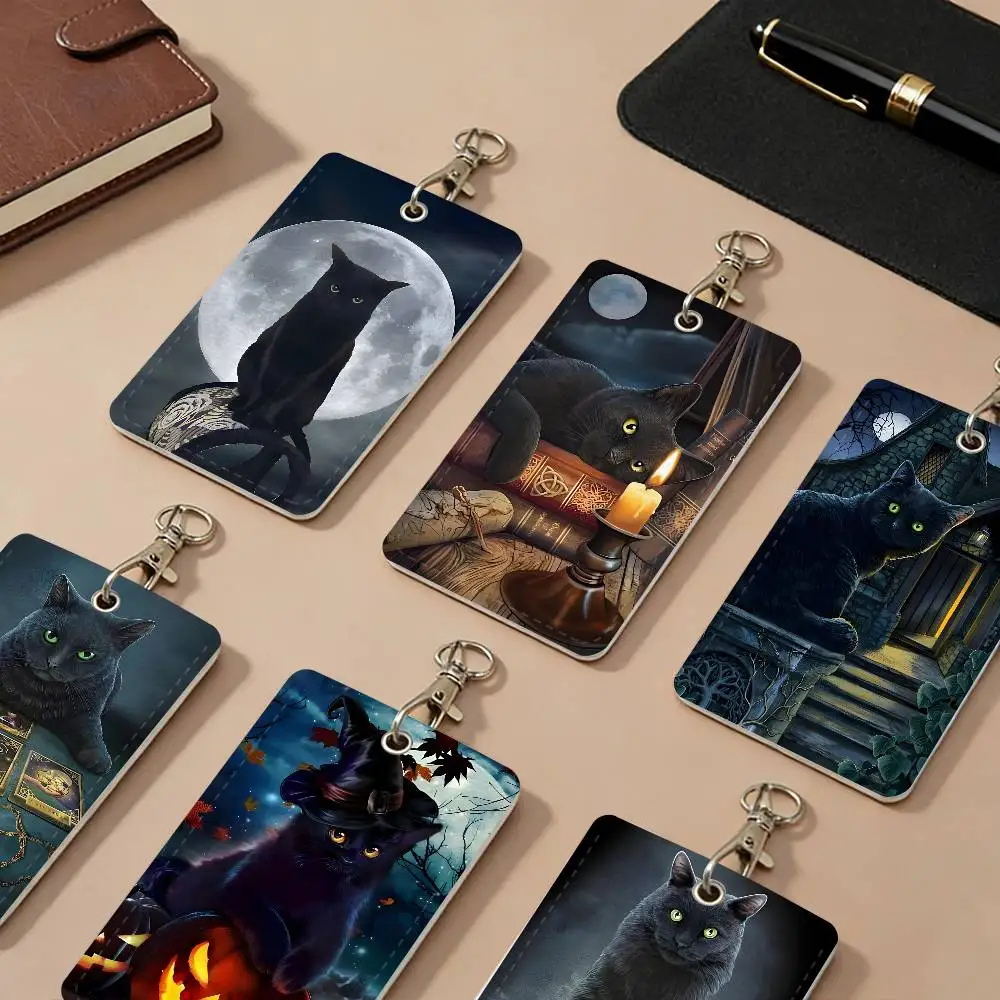 

Чехол-картхолдер из ПУ кожи с изображением черной кошки, луны и полуночных ворот на Хэллоуин, защитный, с защитой от потери