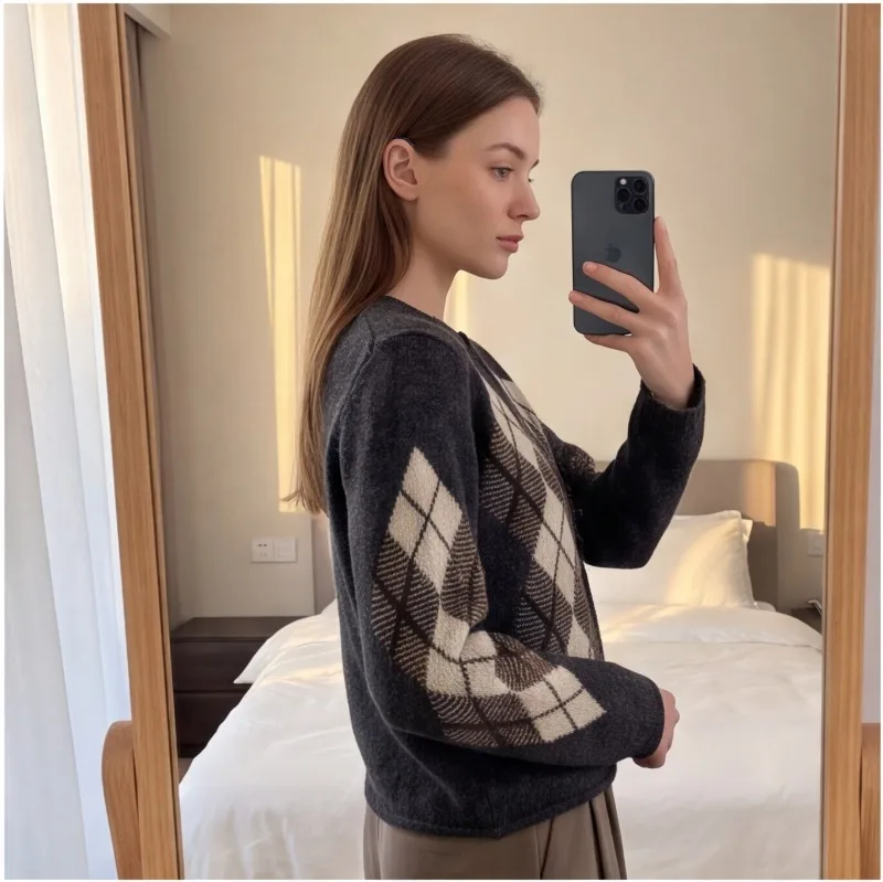 Guobioziy Womens Minimalist Style Argyle Knit Cardigan 2026 Autumn Casual O Neck Long Sleeve Button Up Chic Female Tops view 5