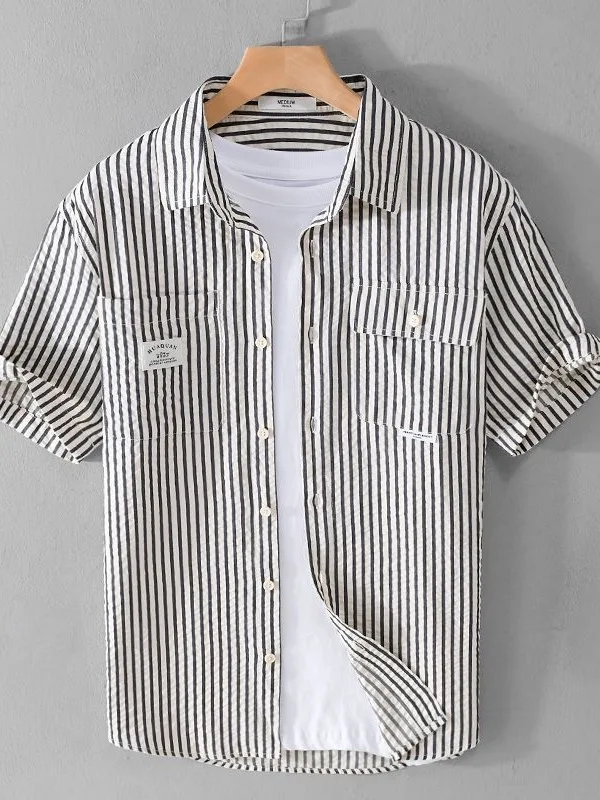 

Casual Stripe Ice Silk Short Sleeve Shirt Bubble Texture Loose Fit Youthful Summer Fashionable Versatile Breathable Polyester...