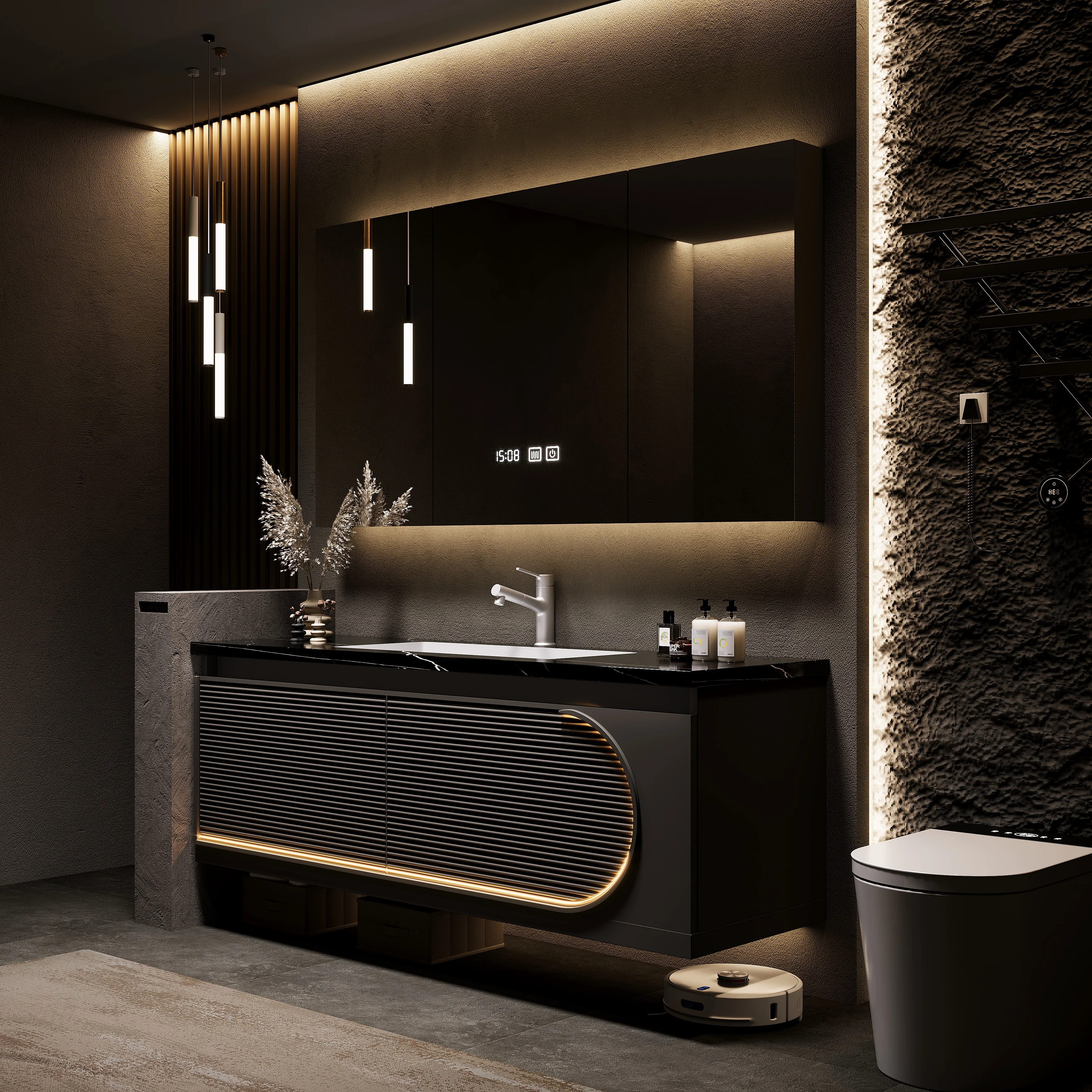 

Modern simple bathroom cabinet combination rock slab seamless ceramic basin toilet washbasin cabinet