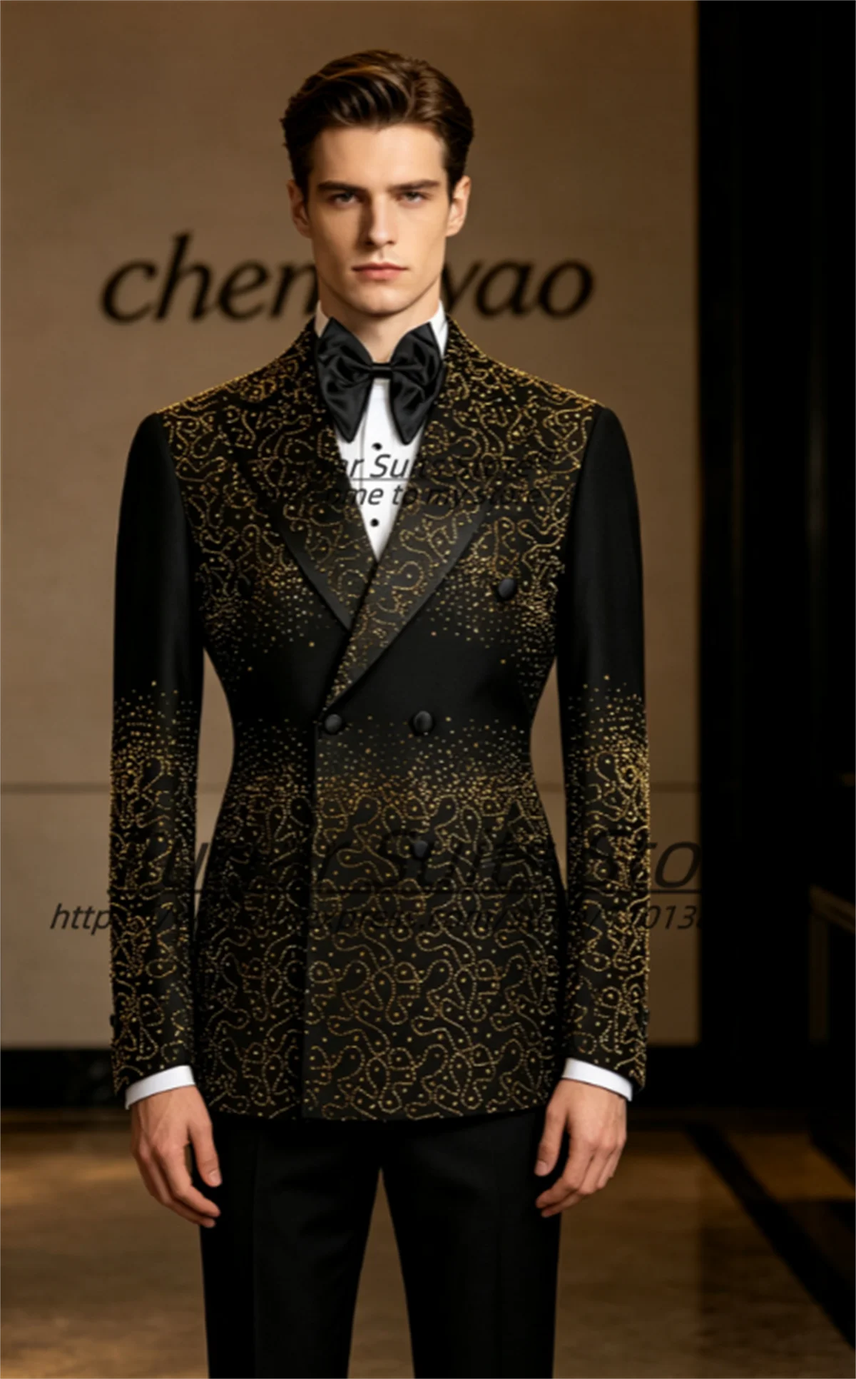 Shiny Black Double Breasted Men Suits Gold Rhinestone Embroidery Peak Lapel Groom Party Tuxeods Prom 2 Pieces Sets Ropa Hombre
