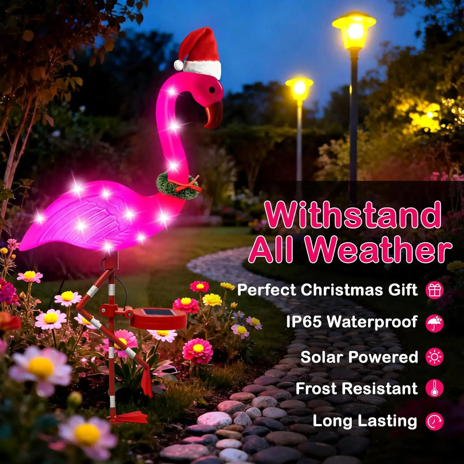 Luces solares de jardín con flamencos, paquete de 2 decoraciones impermeables para exteriores para Navidad y regalos