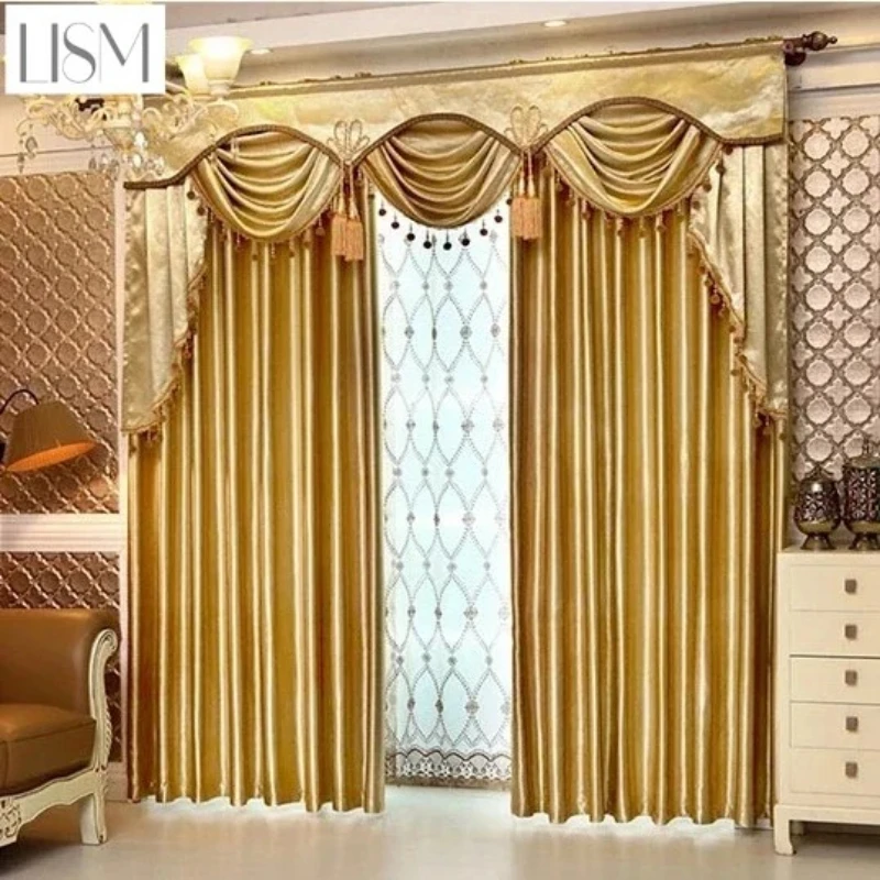 European Gold Curtains for Living Room Bedroom Luxury Simple Solid Color Blackout Soft Cashmere Cloth Custom Valance Yarn Tulle