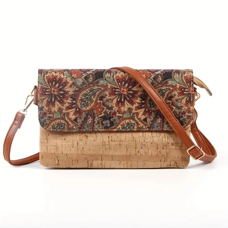 2pcs Messenger Bags Cork Leather Cashew Nut Leaf Printing Flap Cover Large Capacity Handbag