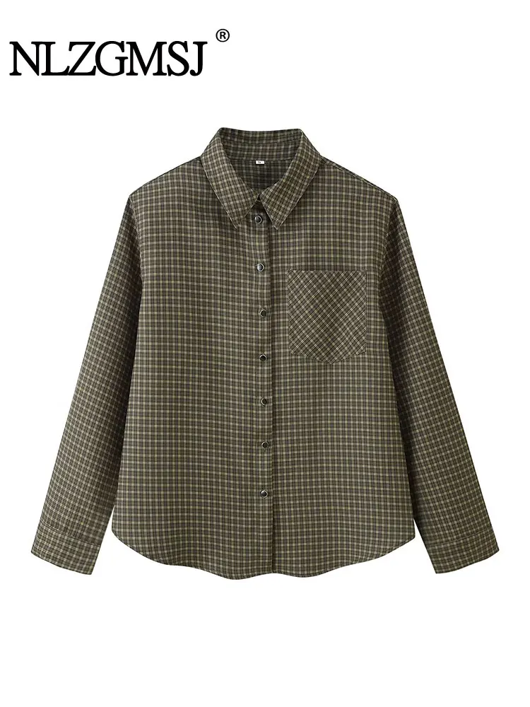 

NLZGMSJ Vintage Plaid Shirts Women Long Sleeve Blouses Office Ladies Streetwear Single Breasted Chic Design Tops