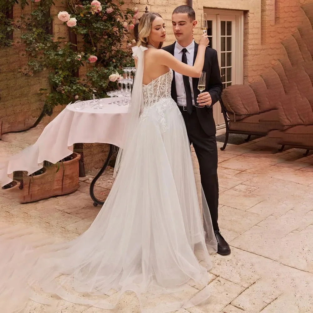 

Fashion Halter Sleeveless Wedding Dress Skirt Customzied Floral Print Tulle A-line Floor Length Marry Dresses Sexy Backless Gown