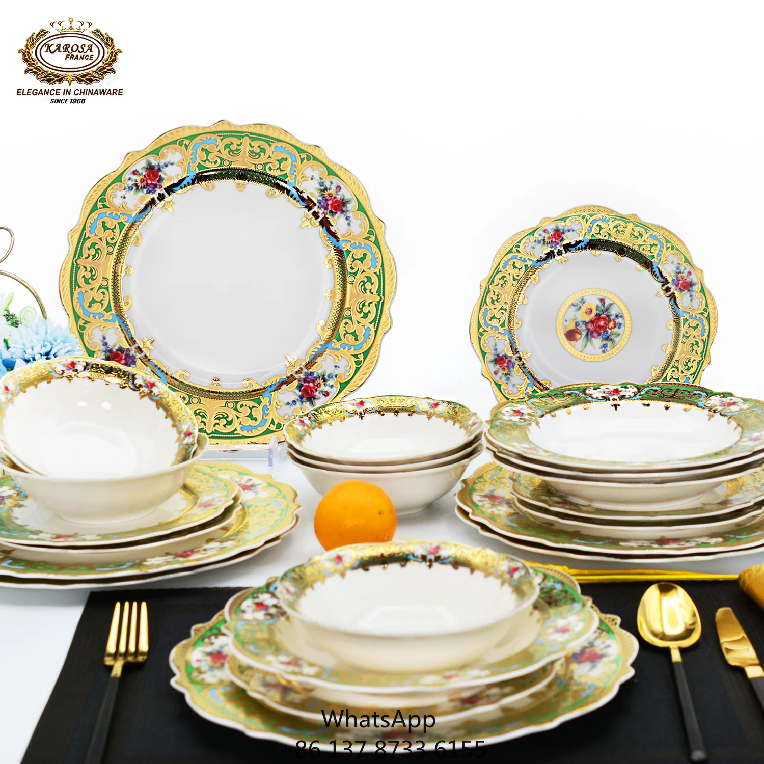 

Quick Shipping 24pcs High Quality Tableware Including Plates And Bowls Colorful Festival Golden Bone China Luxury Dinner Sets
