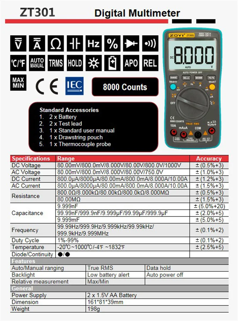 ZOYI ZT302 ZT303 Digital Multimeter 8000 19999 Counts True RMS Multifunction AC/DC Voltage Temperature Capacitance Tester DMM