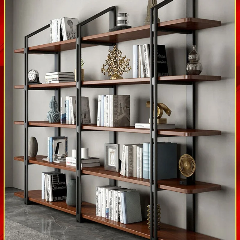 Simple bookshelf shelf Floor-to-ceiling wrought iron bookcase Multi-layer solid wood storage shelf Living room shelf Household