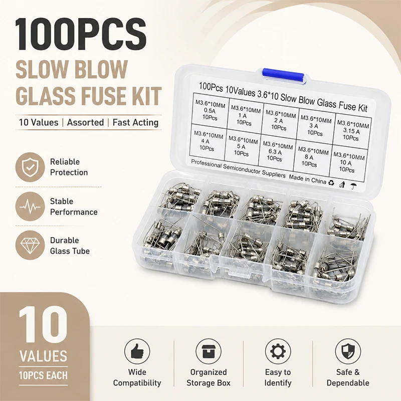 

100pcs Axial Pigtail Glass Fuse Assortment Kit 10 Types 3.6*10mm 250V Quick Blow Fuses 0.5A to 10A Box
