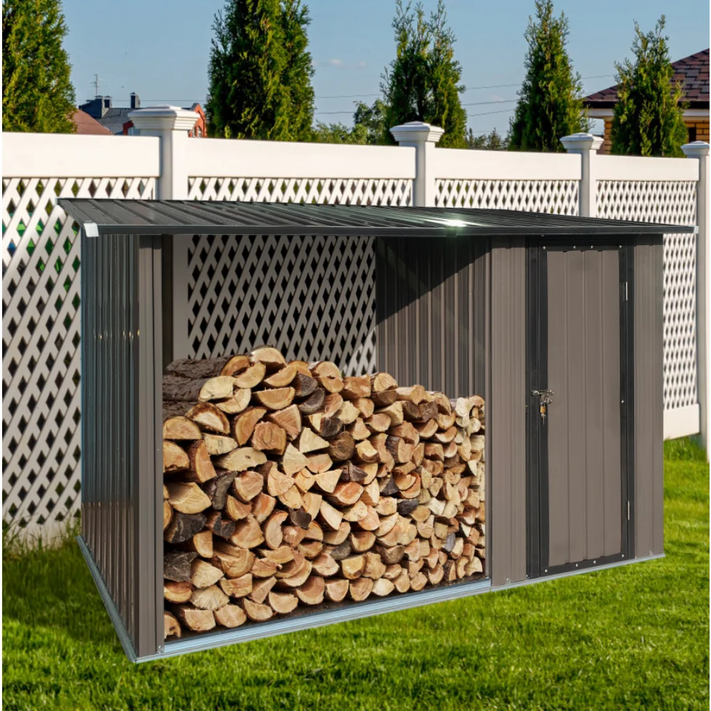 

Outdoor Steel Firewood Rack and Metal Storage Shed, Open wooden shed design, good ventilation, Grey tool room