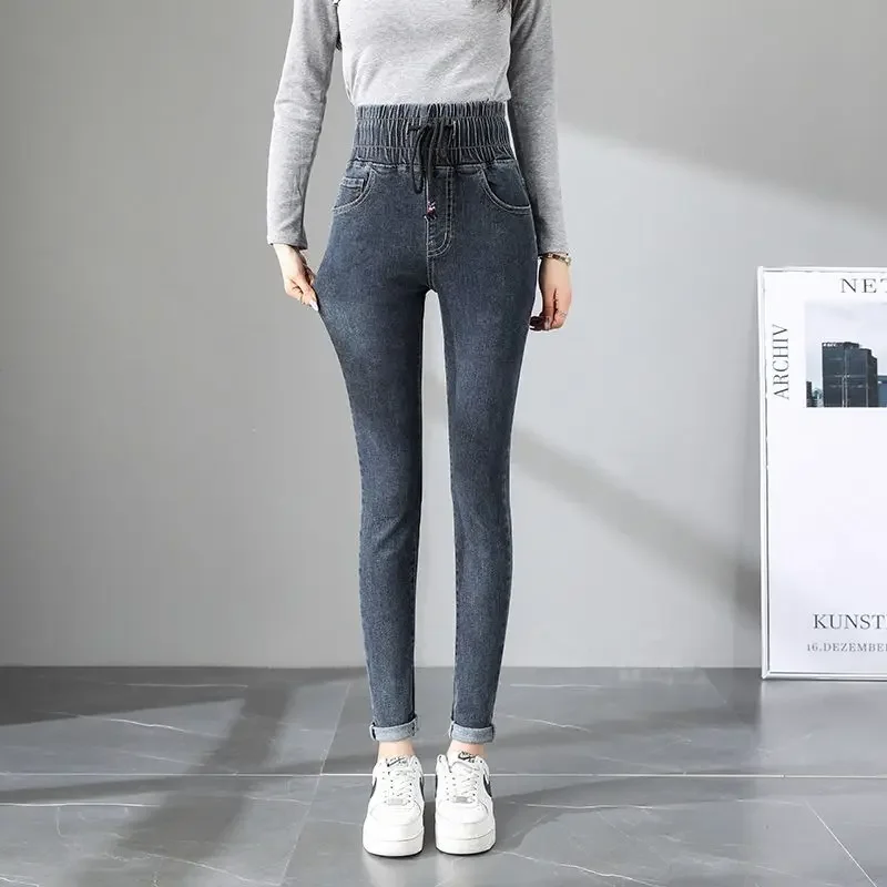 Jeans for Women Warm Fleece-lined Trousers Winter Thermal Denim Pants Woman Slim Fit Tummy Control Pencil Gray Skinny A Stylish