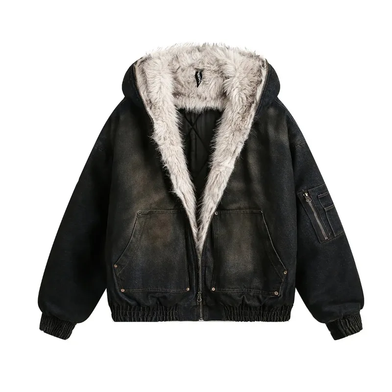 American High Street Vintage Denim Jacket Men Winter Thick Warm Jacket for Men Fashion Streetwear Zip Up Hoodie Coats Clothing