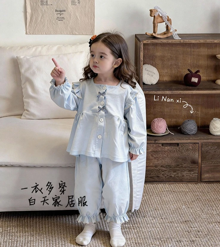 

Комплект домашней одежды для девочек, весна 2026, новинка, пижамный комплект для малышек, кружевной, милый, хлопковый, класс А, с принтом, из двух предметов