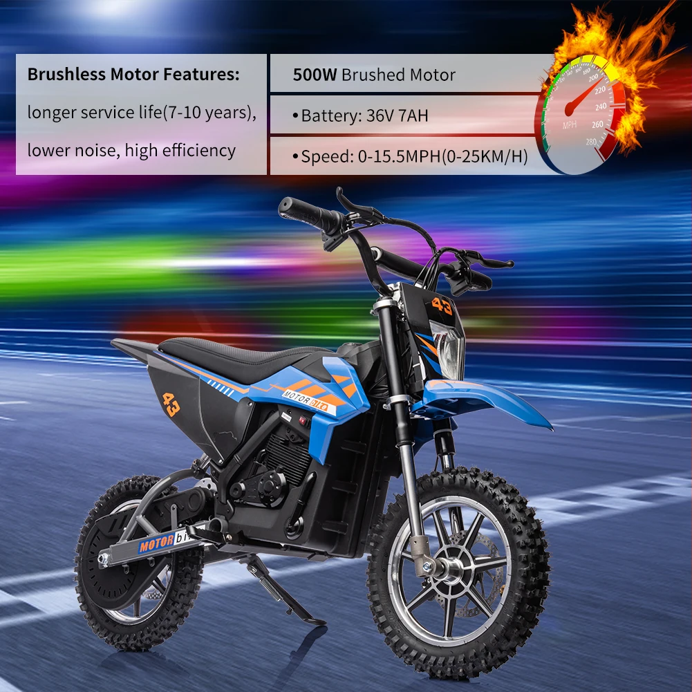 Bicicleta elétrica para crianças, motocicleta de velocidade rápida com farol LED, assento de couro, passeio na motocicleta, motor 350W brushless, 15.5MPH, 36V