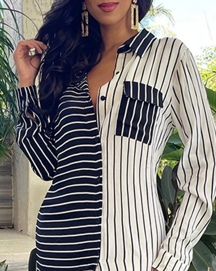Womens Dresses 2024 Spring Fashion Striped Colorblock Long Sleeve Casual Turn-Down Collar Button Daily Straight Shirt Dress