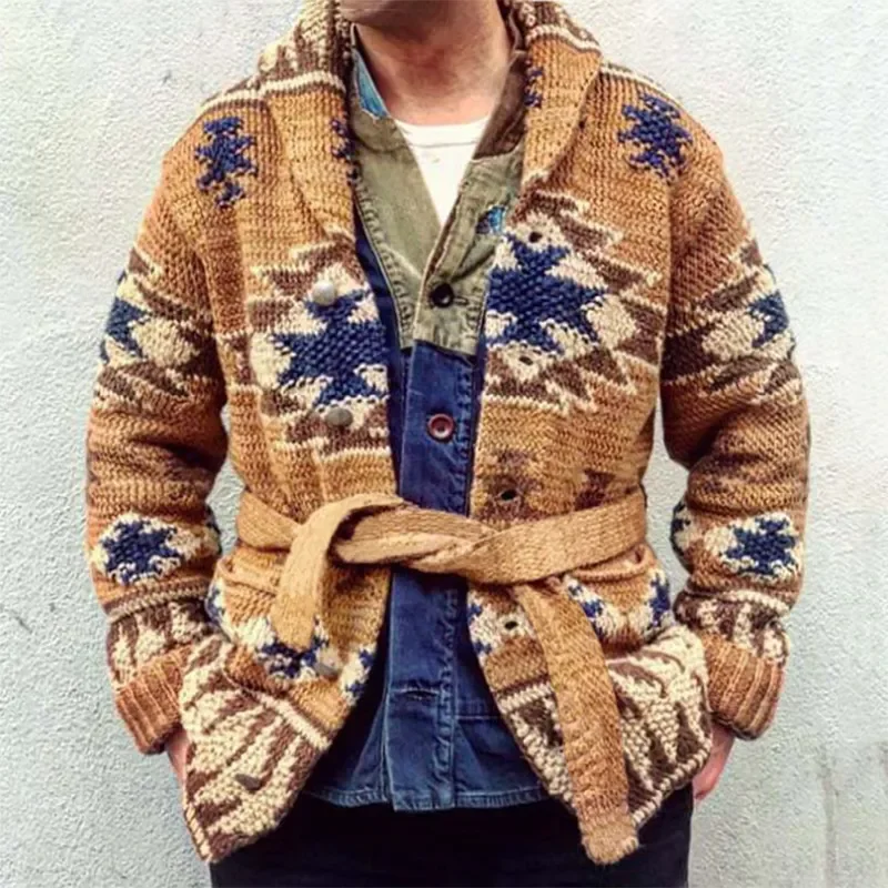 2023 Vintage Herren Muster Jacquard Pullover lässig Revers Langarm dicken Mantel Herbst warmen Knopf Schnür Strick mantel für Männer