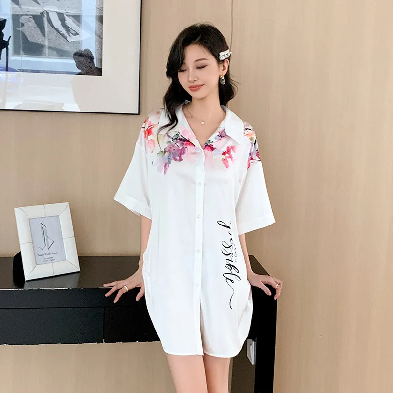 Silky Satin Home Nightdress Lady Cardigan Shirt Night Dress Sex Lapel Boy Friend Style Sleepwear Fashion Sleeping Shirt Woman