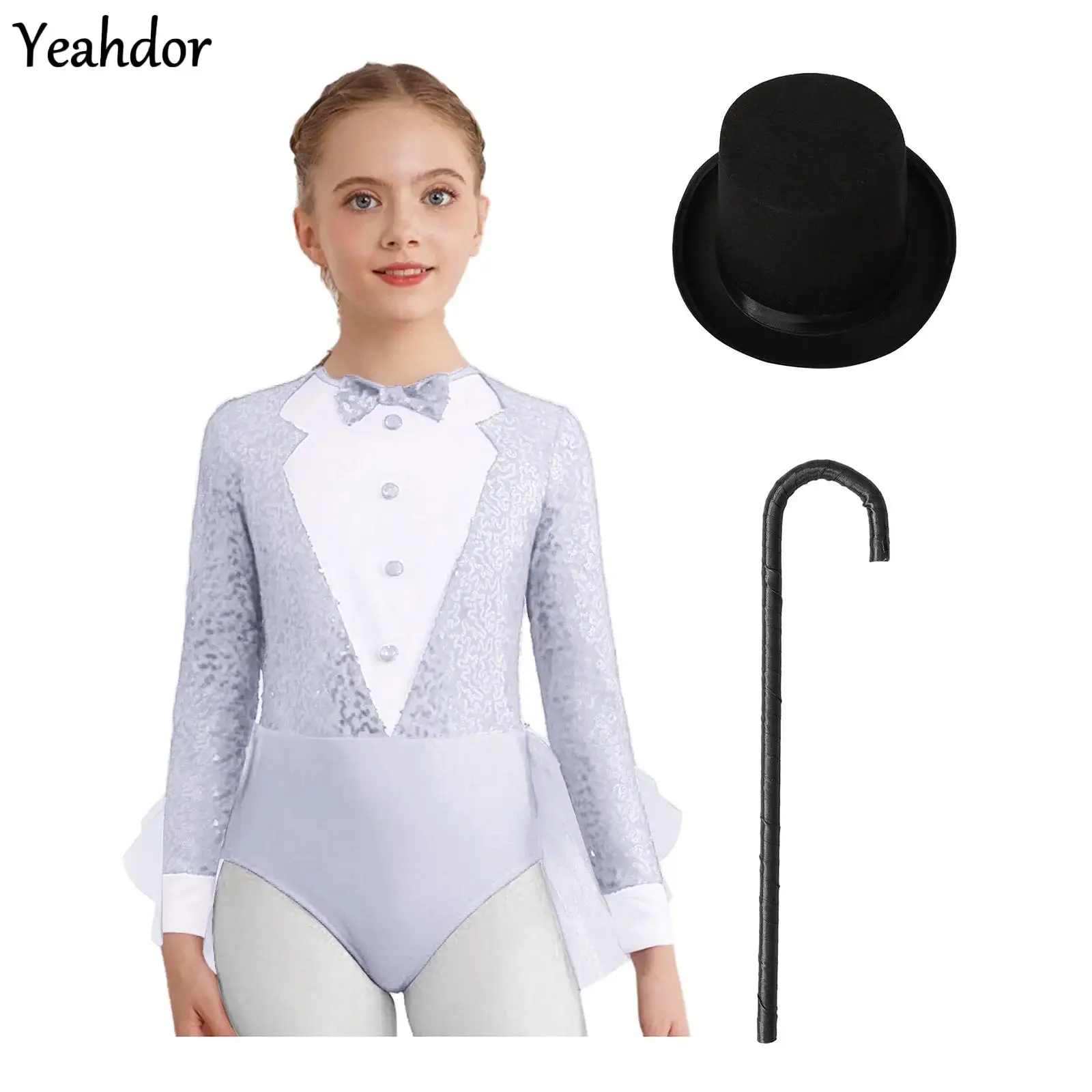 

Girls Jazz Ballet Dance Costume Circus Ringmaster Magician Outfit Sparkly Sequin Bodice Tulle Skirted Leotard with Hat Crutch